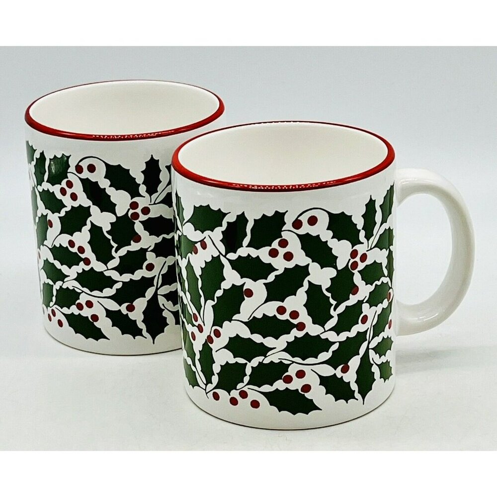 Waechtersbach SPAIN White Christmas Green Holly Red Berries‎ Coffee Mug Lot of 2